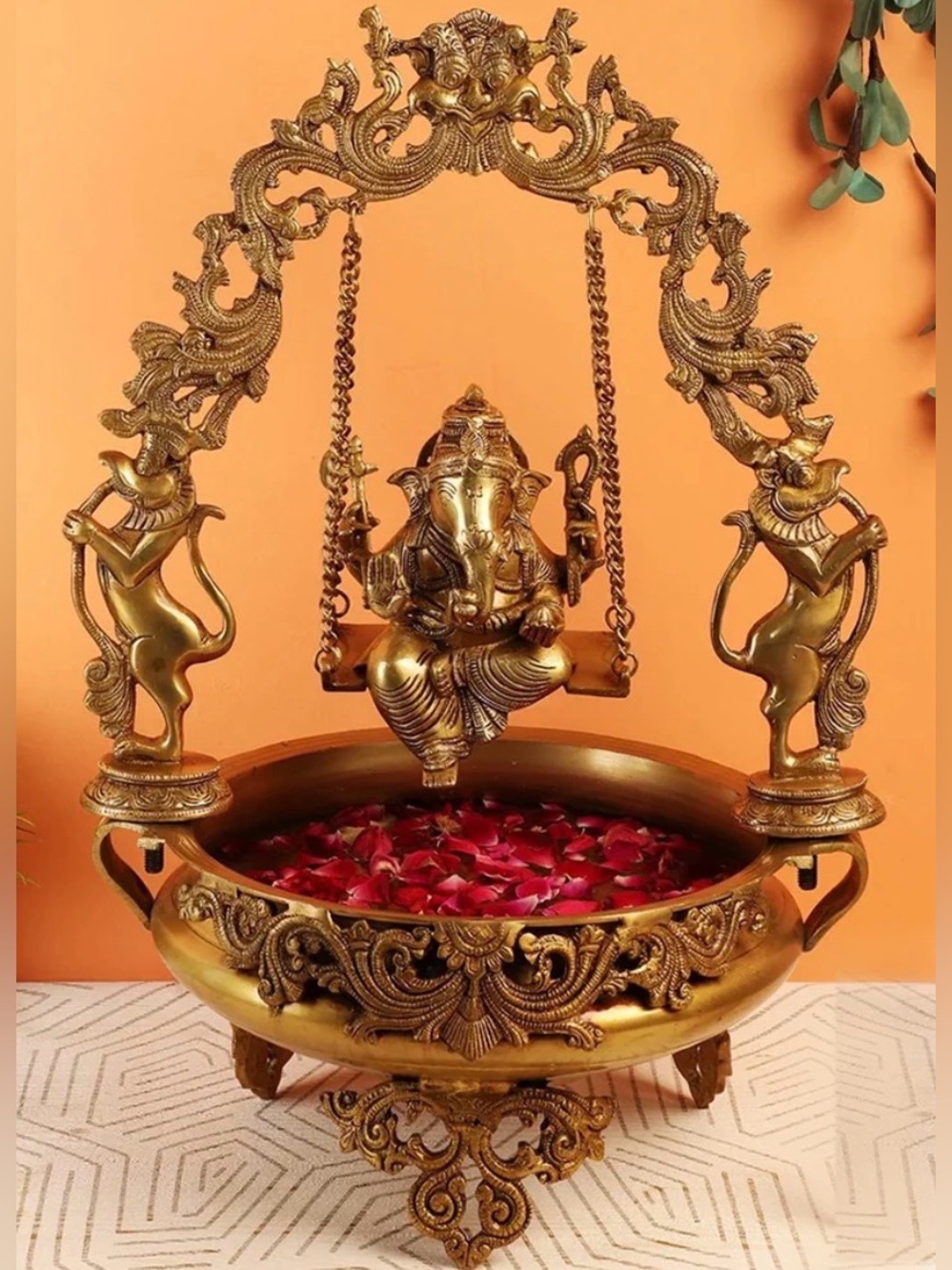 Decorative Brass Ganesha Urli Swing Bowl with Detailing